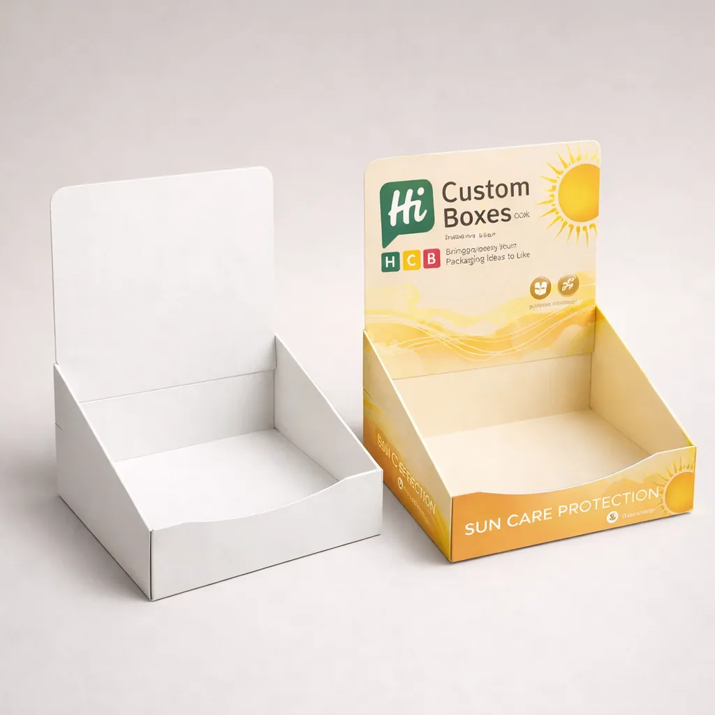 Two cardboard counter display boxes, one plain white and one branded for sun care protection. class=